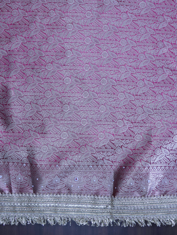 Banarasee Handloom Tissue Saree With Handwoven Pearl Motifs Zari Work & Lace-Magenta