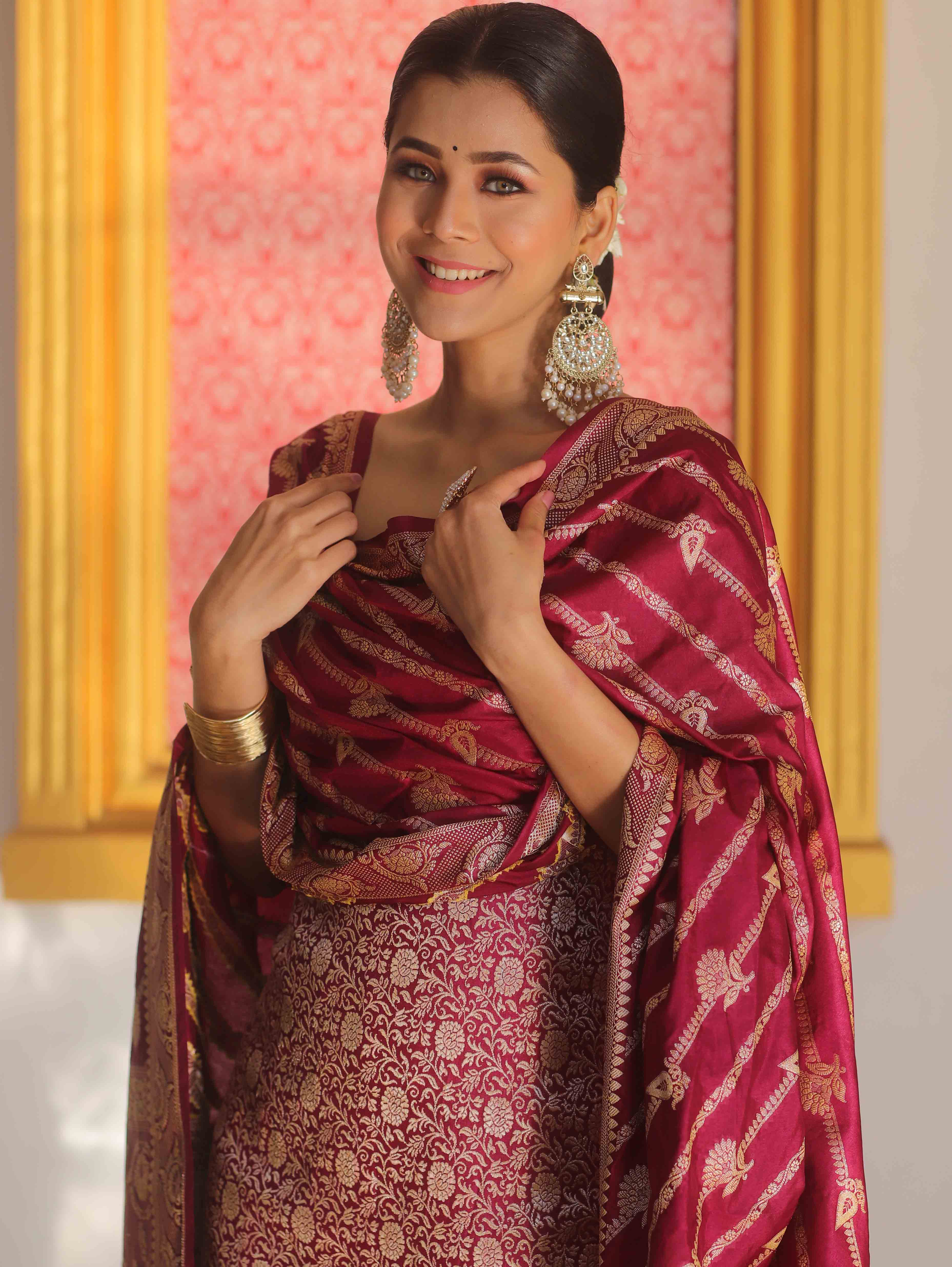 Banarasee Semi Katan Silk Salwar Kameez Fabric With Dupatta Zari Work-Magenta