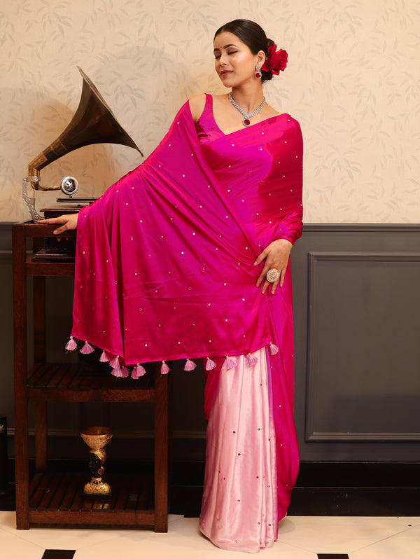 Banarasee Handloom Satin Hand Dyed Shibori Pattern Saree With Mirror Work-Pink(Dual Tone)