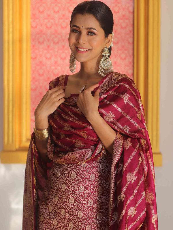 Banarasee Semi Katan Silk Salwar Kameez Fabric With Dupatta Zari Work-Magenta