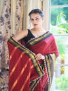 Banarasee Handloom Semi Silk Plain Saree With Contrast Border & Lace-Maroon