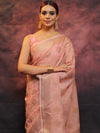 Banarasee Handwoven Pure Silk Cotton Saree With Antique Zari Buti & Border-Pink
