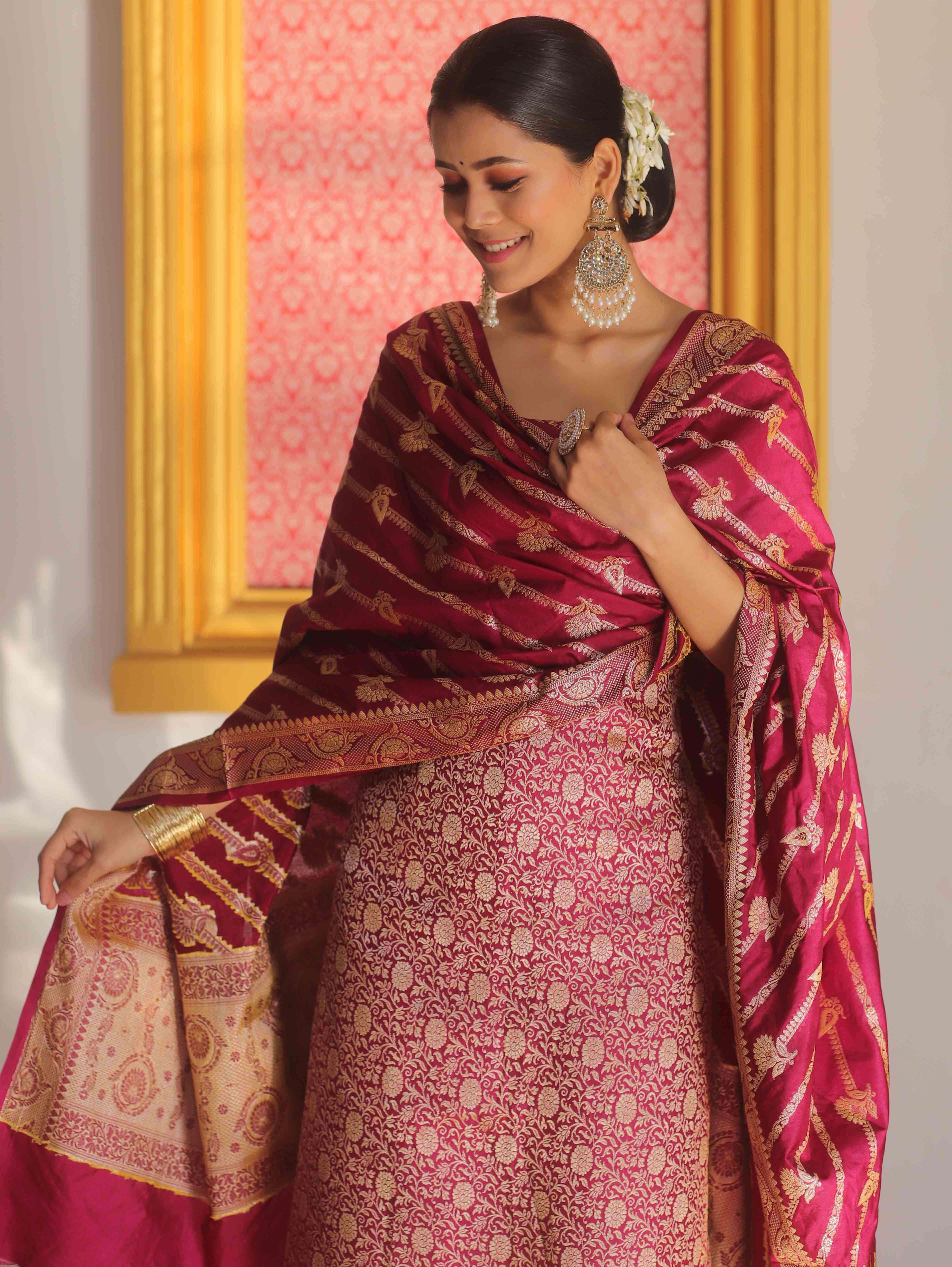 Banarasee Semi Katan Silk Salwar Kameez Fabric With Dupatta Zari Work-Magenta