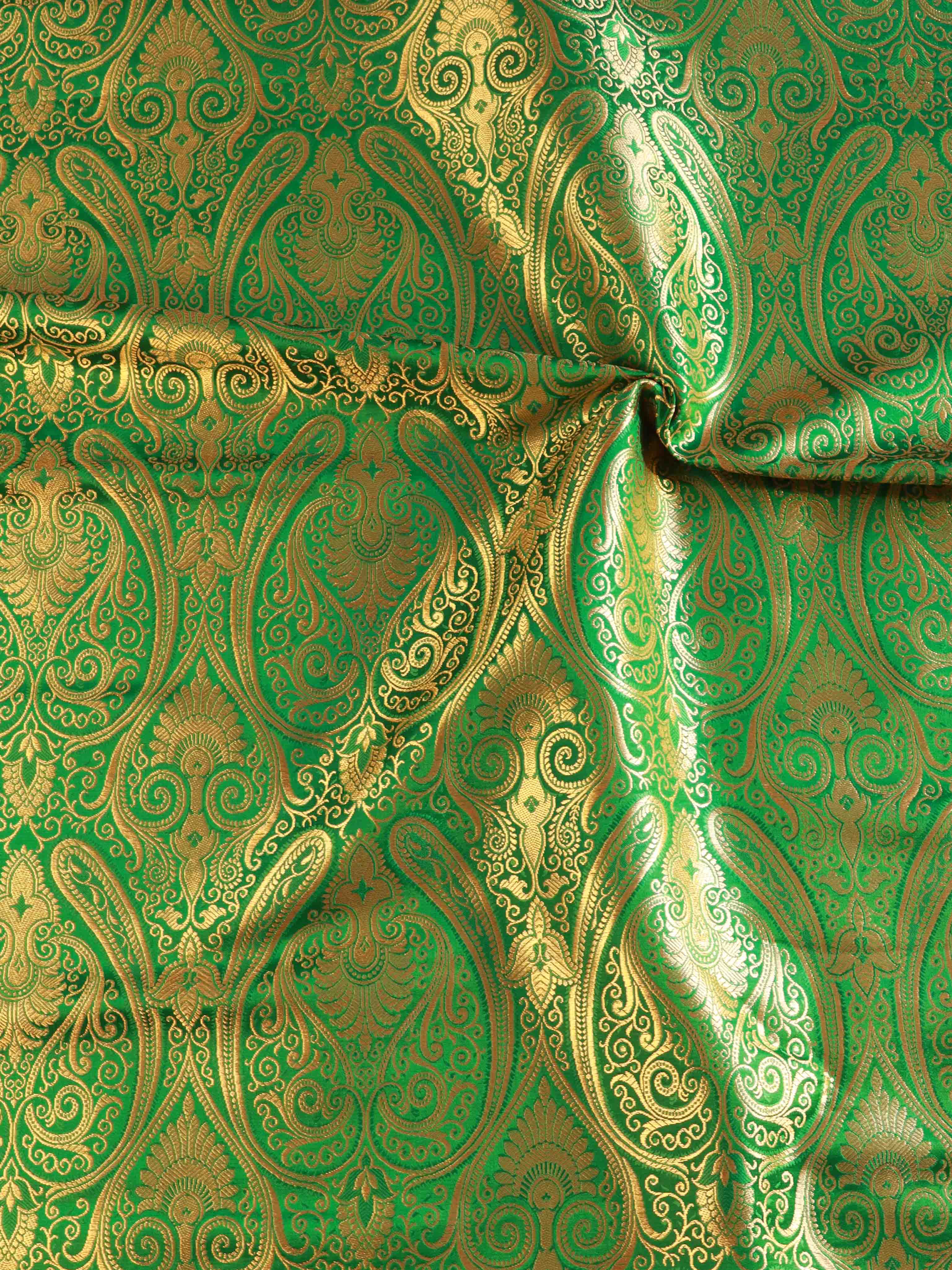 Banarasee Satin Brocade Gold Zari Jaal Design Fabric-Deep Green