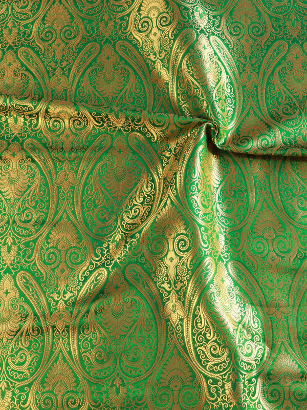 Banarasee Satin Brocade Gold Zari Jaal Design Fabric-Deep Green