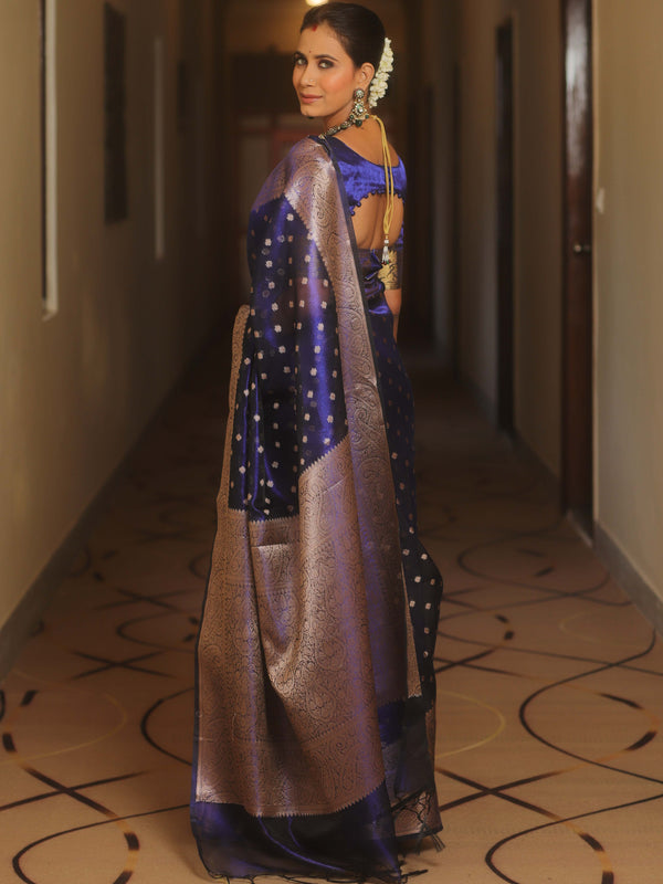 Banarasee Handwoven Tissue Saree Zari Border With Buti Design-Royal Blue