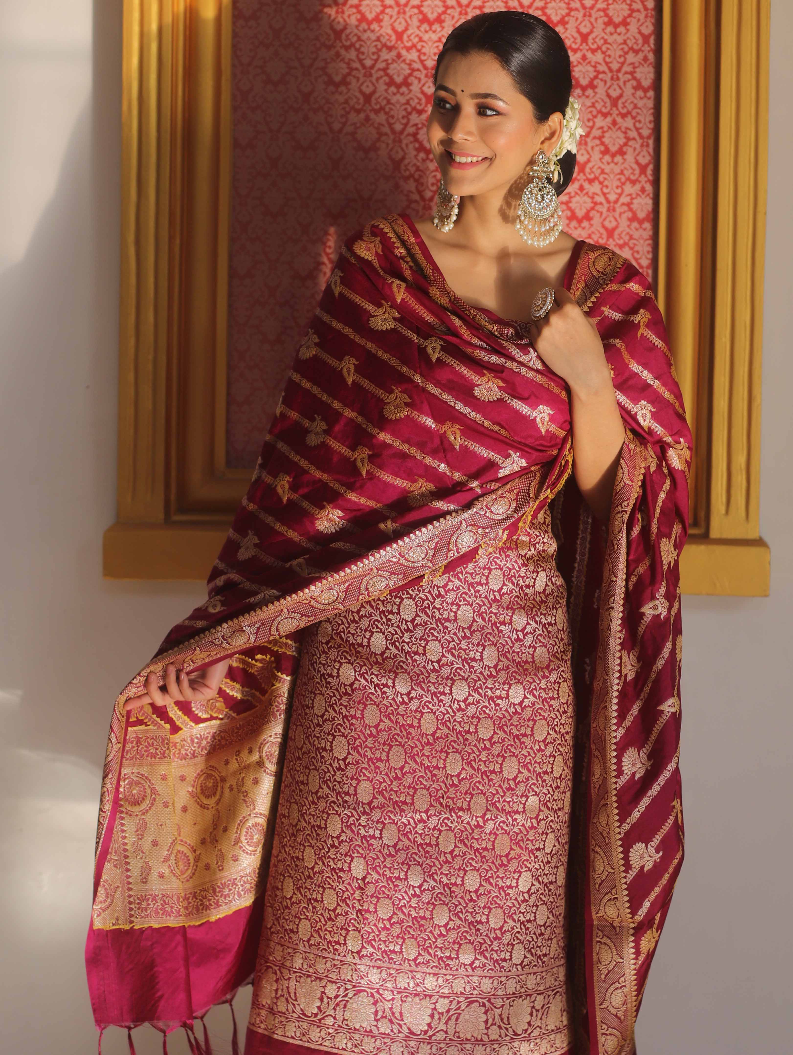 Banarasee Semi Katan Silk Salwar Kameez Fabric With Dupatta Zari Work-Magenta