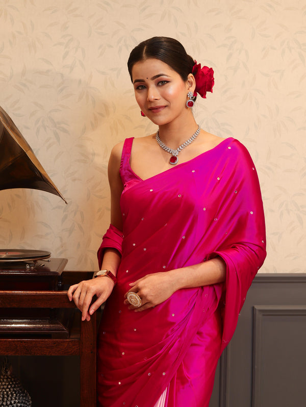 Banarasee Handloom Satin Hand Dyed Saree With Mirror Work-Pink(Dual Tone)