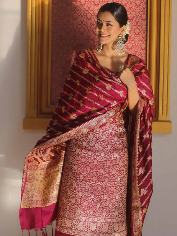Banarasee Semi Katan Silk Salwar Kameez Fabric With Dupatta Zari Work-Magenta