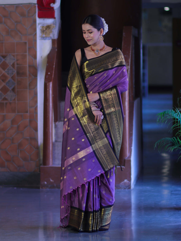 Banarasee Handloom Semi Silk Saree With Buti Design & Contrast Zari Border-Lavender & Black