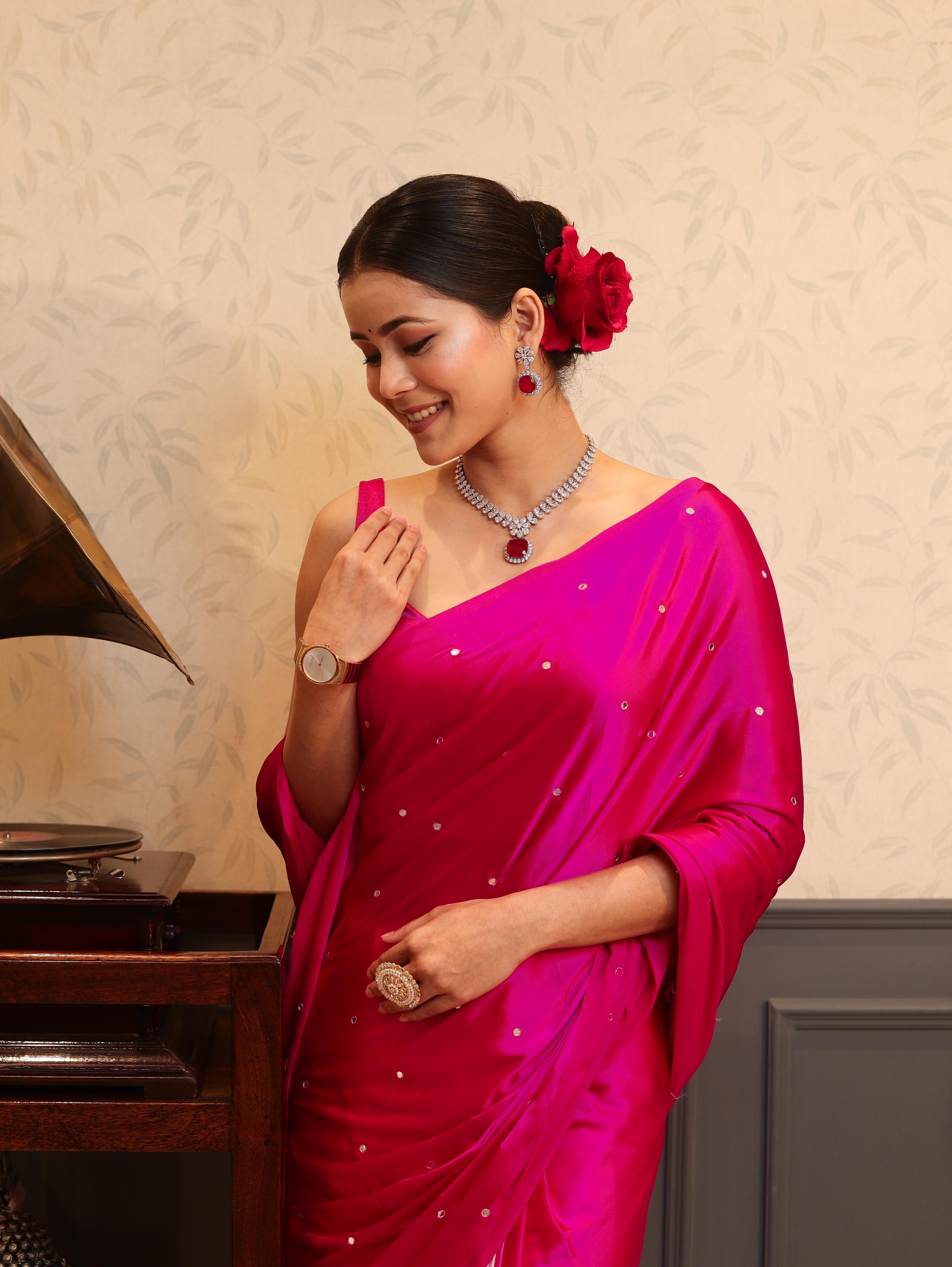 Banarasee Handloom Satin Hand Dyed Saree With Mirror Work-Pink(Dual Tone)
