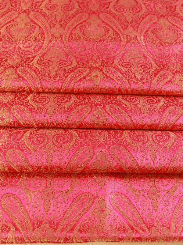 Banarasee Satin Brocade Gold Zari Jaal Design Fabric-Pink