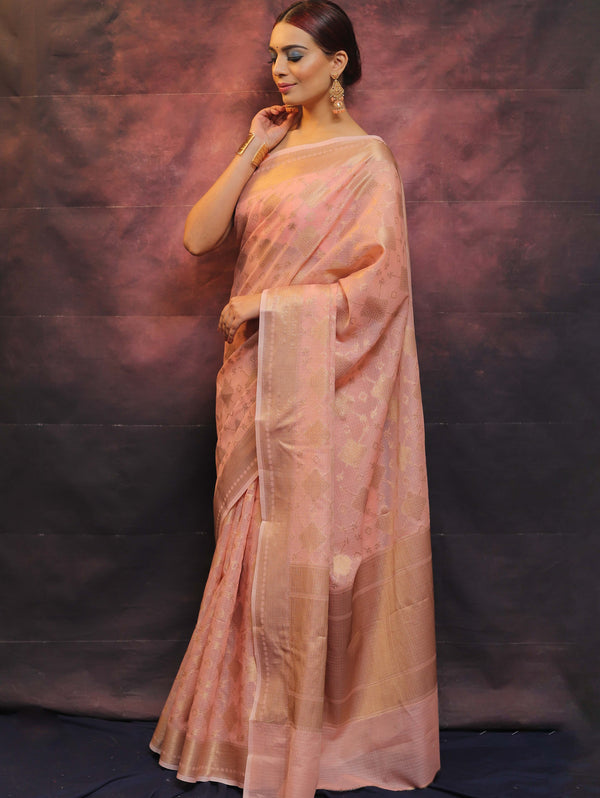 Banarasee Handwoven Pure Silk Cotton Saree With Antique Zari Buti & Border-Pink