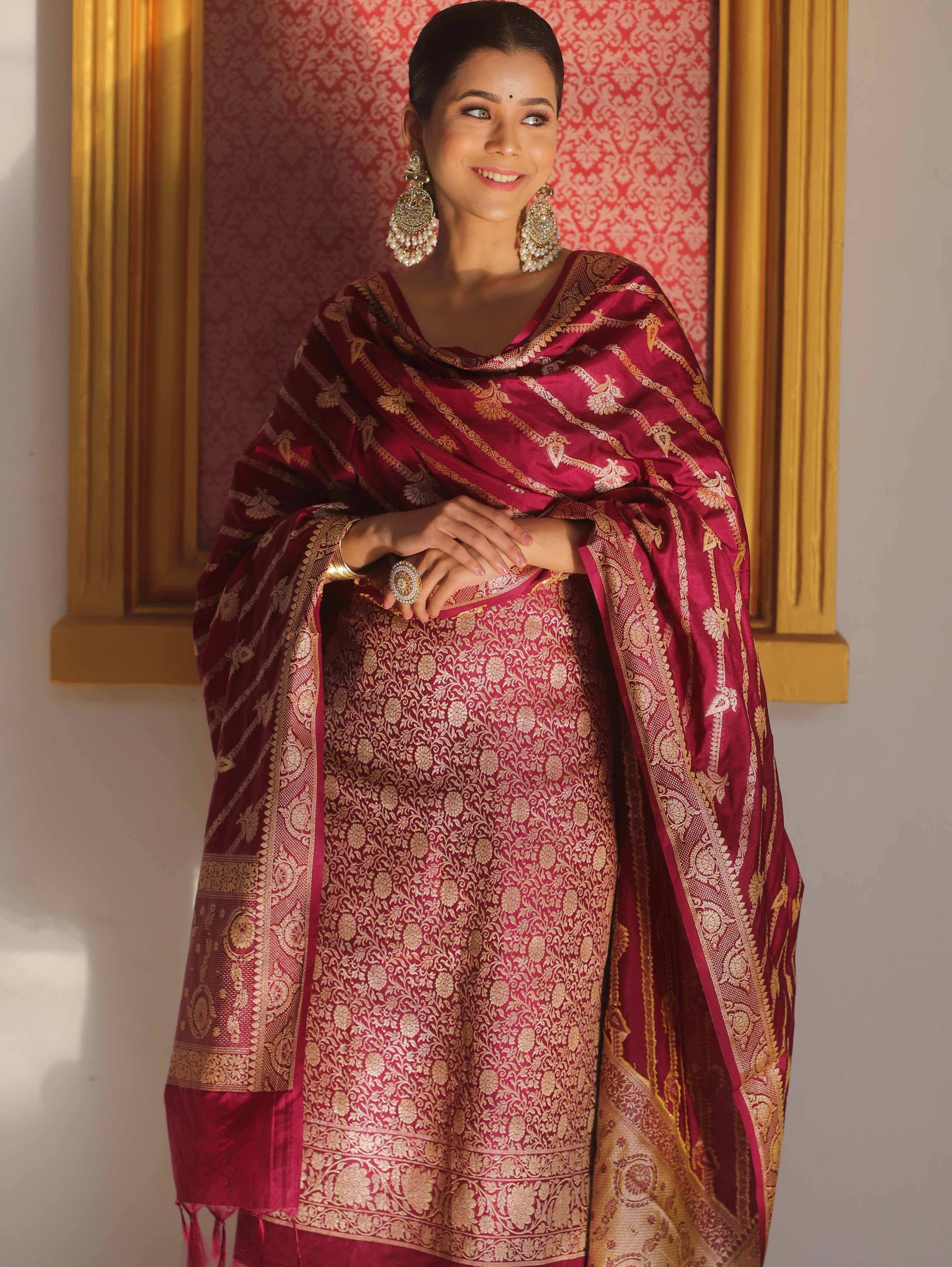 Banarasee Semi Katan Silk Salwar Kameez Fabric With Dupatta Zari Work-Magenta