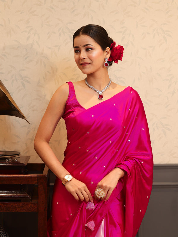 Banarasee Handloom Satin Hand Dyed Saree With Mirror Work-Pink(Dual Tone)