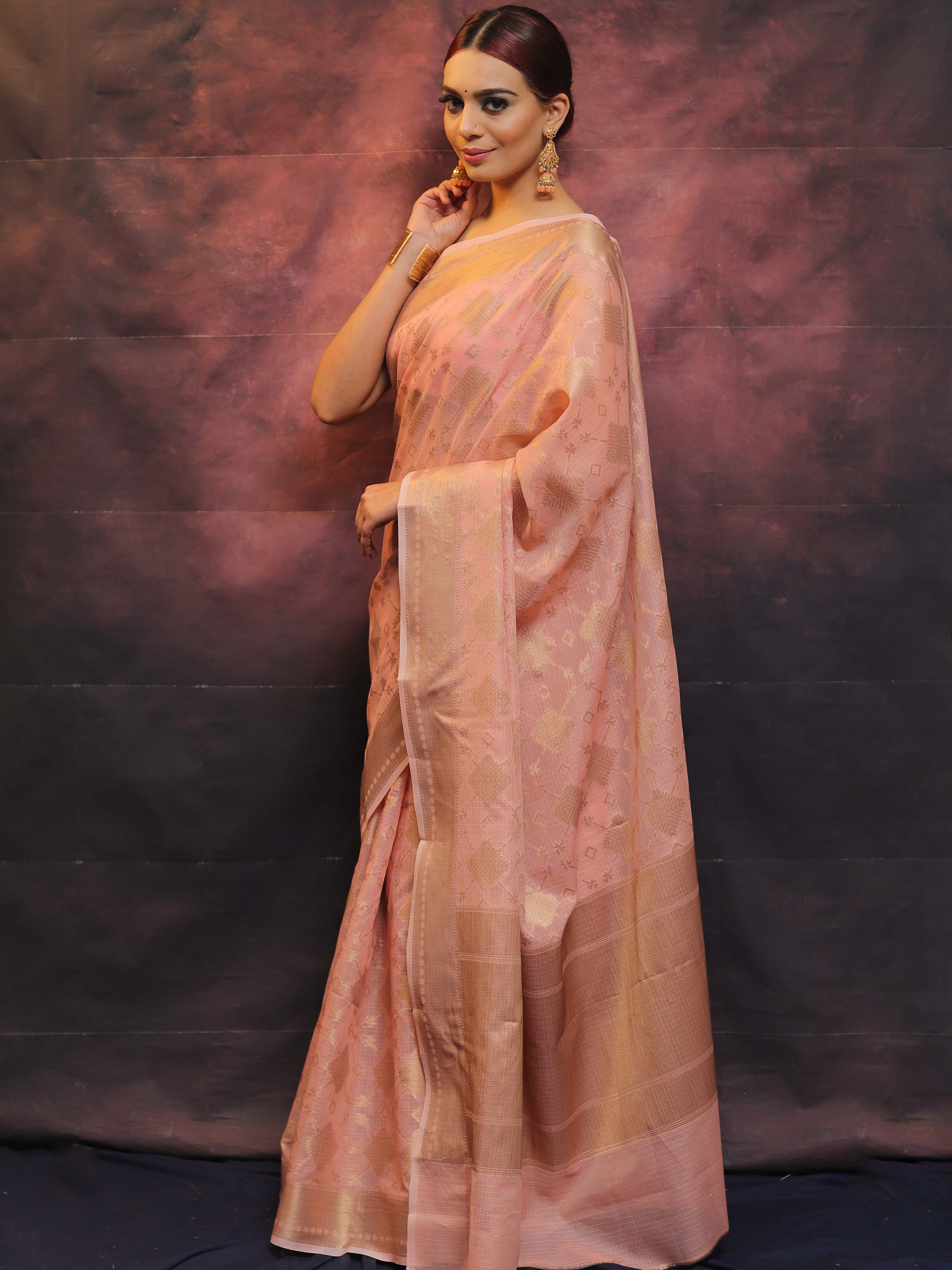 Banarasee Handwoven Pure Silk Cotton Saree With Antique Zari Buti & Border-Pink