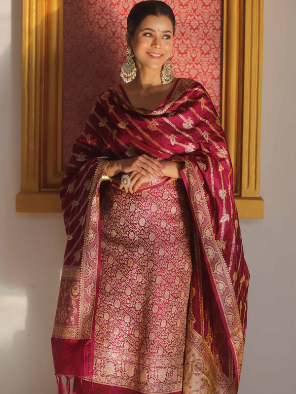 Banarasee Semi Katan Silk Salwar Kameez Fabric With Dupatta Zari Work-Magenta