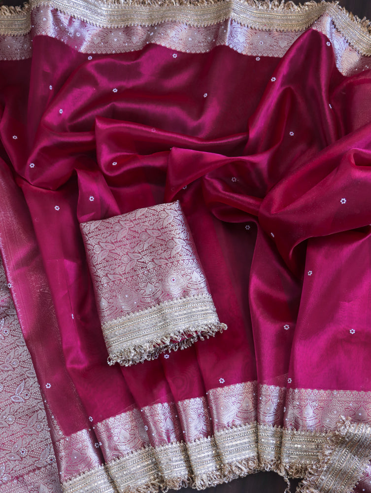 Banarasee Handloom Tissue Saree With Handwoven Pearl Motifs Zari Work & Lace-Magenta