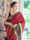 Banarasee Handloom Semi Silk Plain Saree With Contrast Border & Lace-Maroon