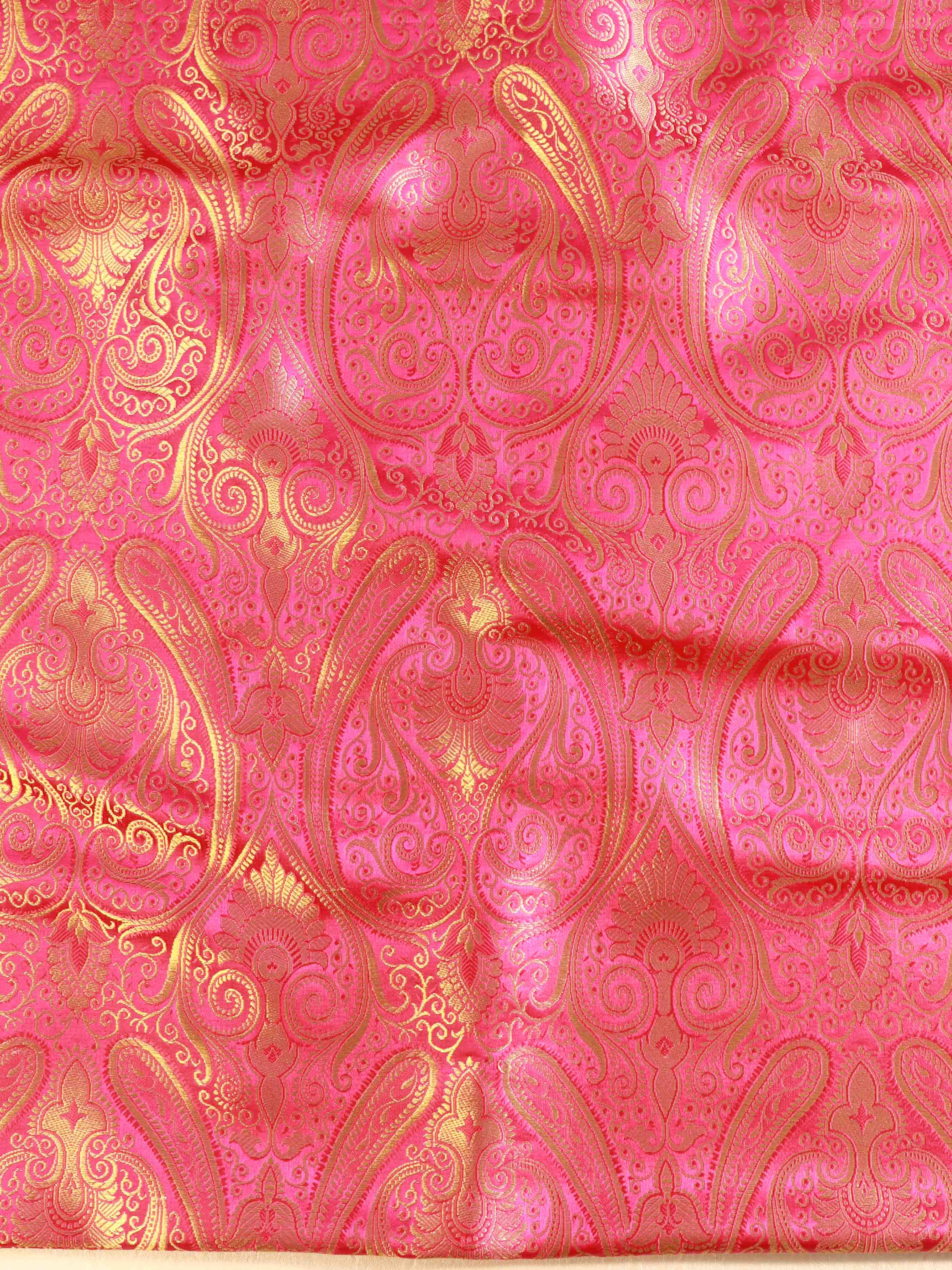 Banarasee Satin Brocade Gold Zari Jaal Design Fabric-Pink