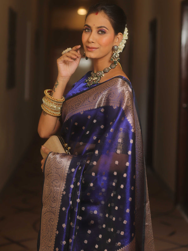 Banarasee Handwoven Tissue Saree Zari Border With Buti Design-Royal Blue