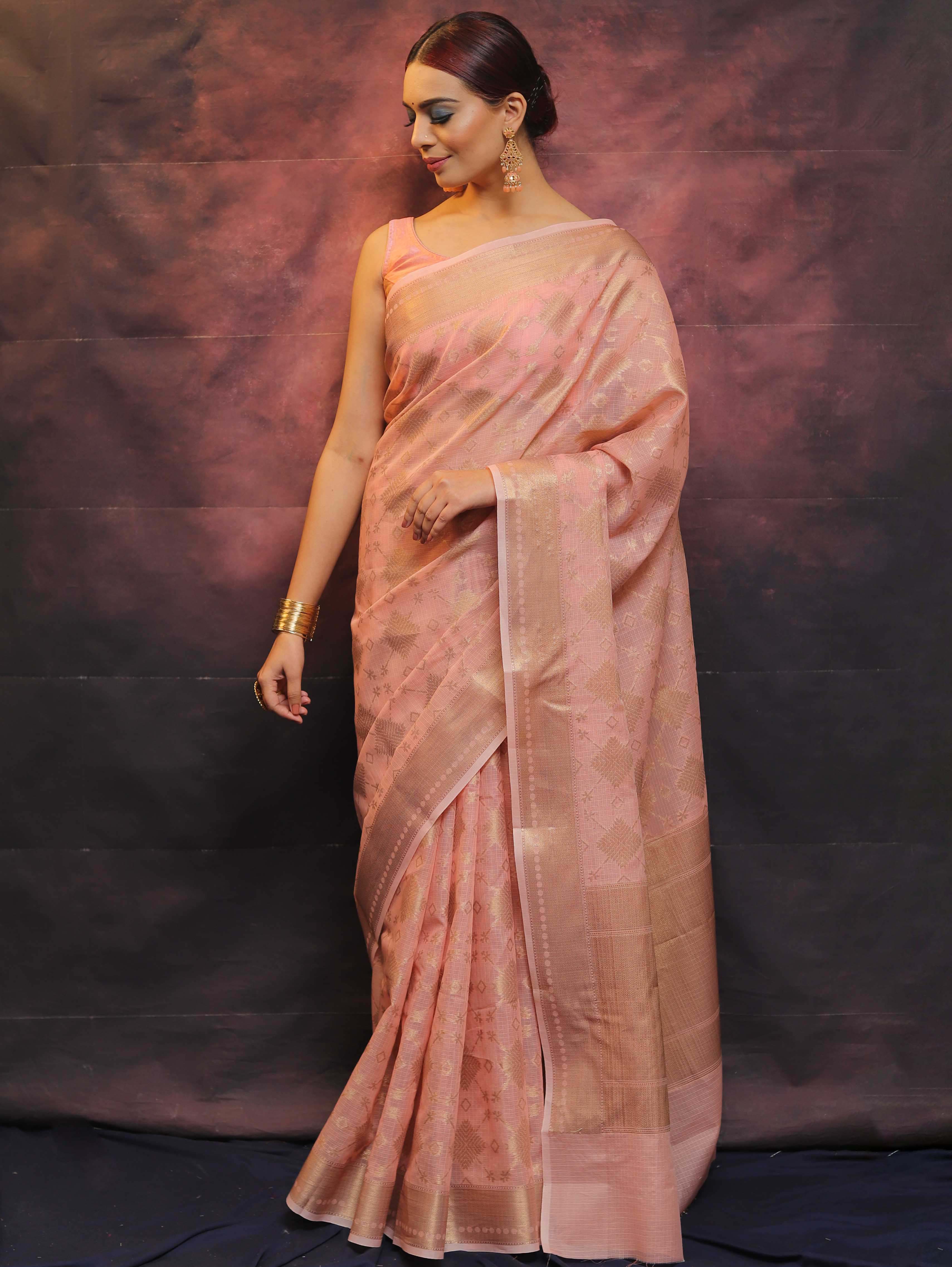 Banarasee Handwoven Pure Silk Cotton Saree With Antique Zari Buti & Border-Pink