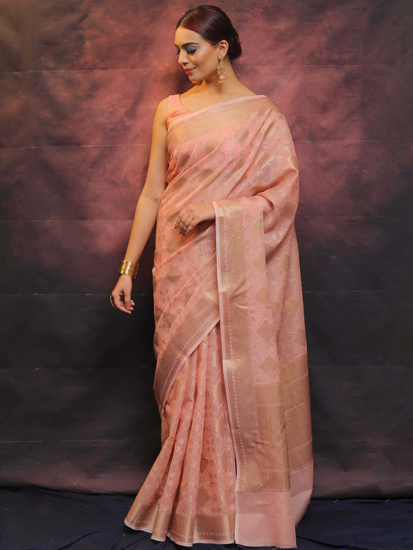 Banarasee Handwoven Pure Silk Cotton Saree With Antique Zari Buti & Border-Pink