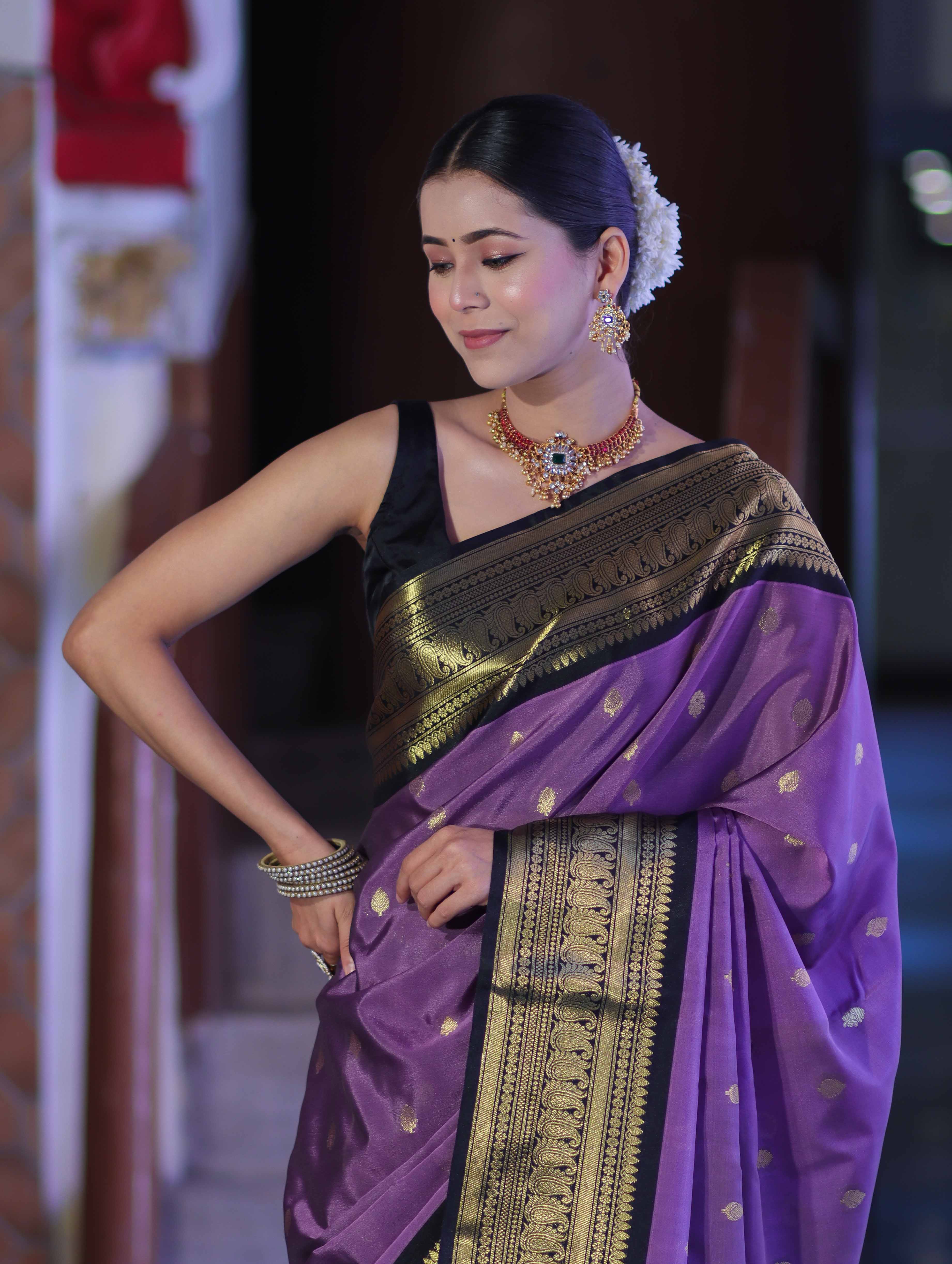 Banarasee Handloom Semi Silk Saree With Buti Design & Contrast Zari Border-Lavender & Black