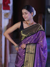 Banarasee Handloom Semi Silk Saree With Buti Design & Contrast Zari Border-Lavender & Black