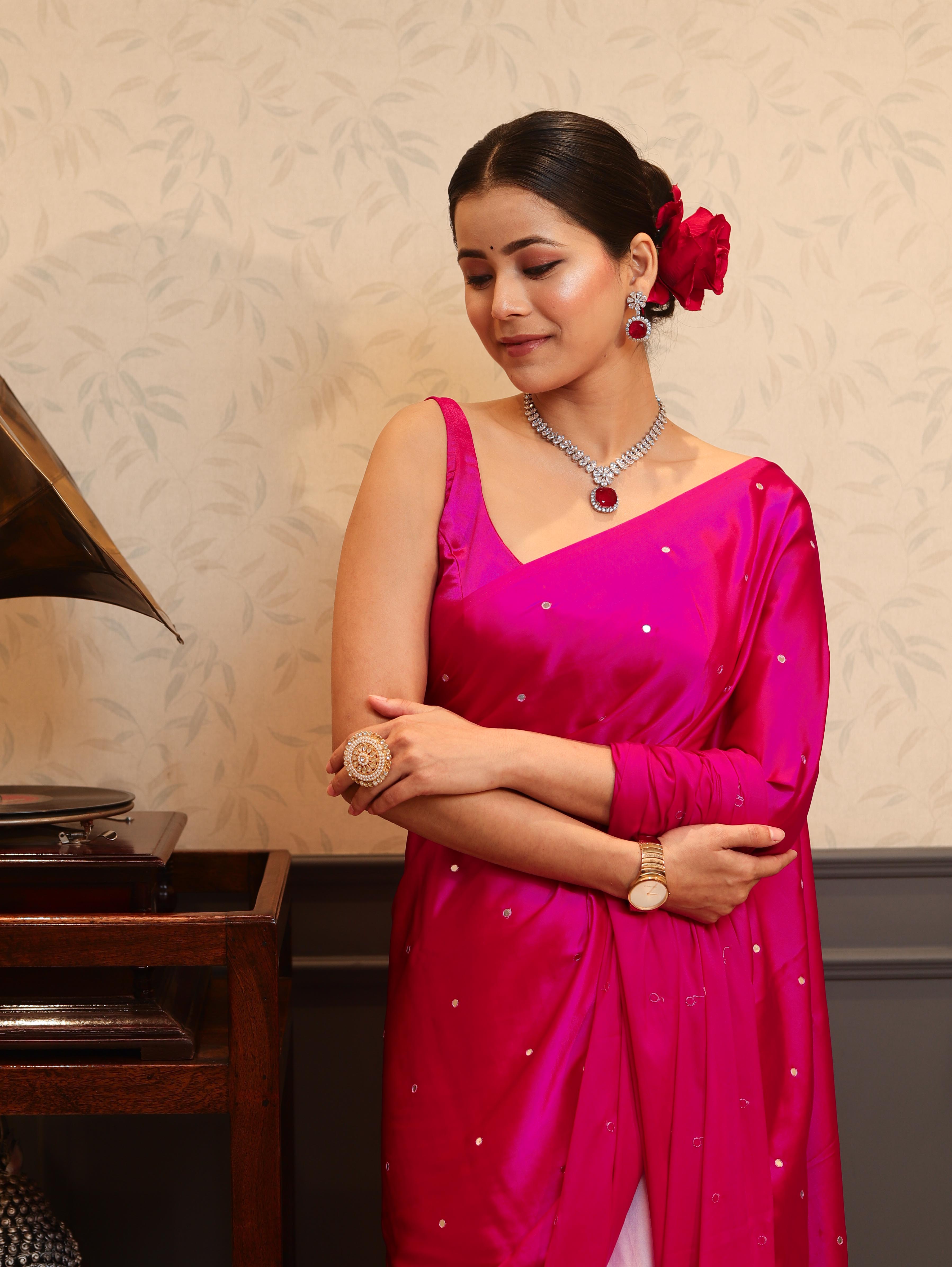 Banarasee Handloom Satin Hand Dyed Saree With Mirror Work-Pink(Dual Tone)