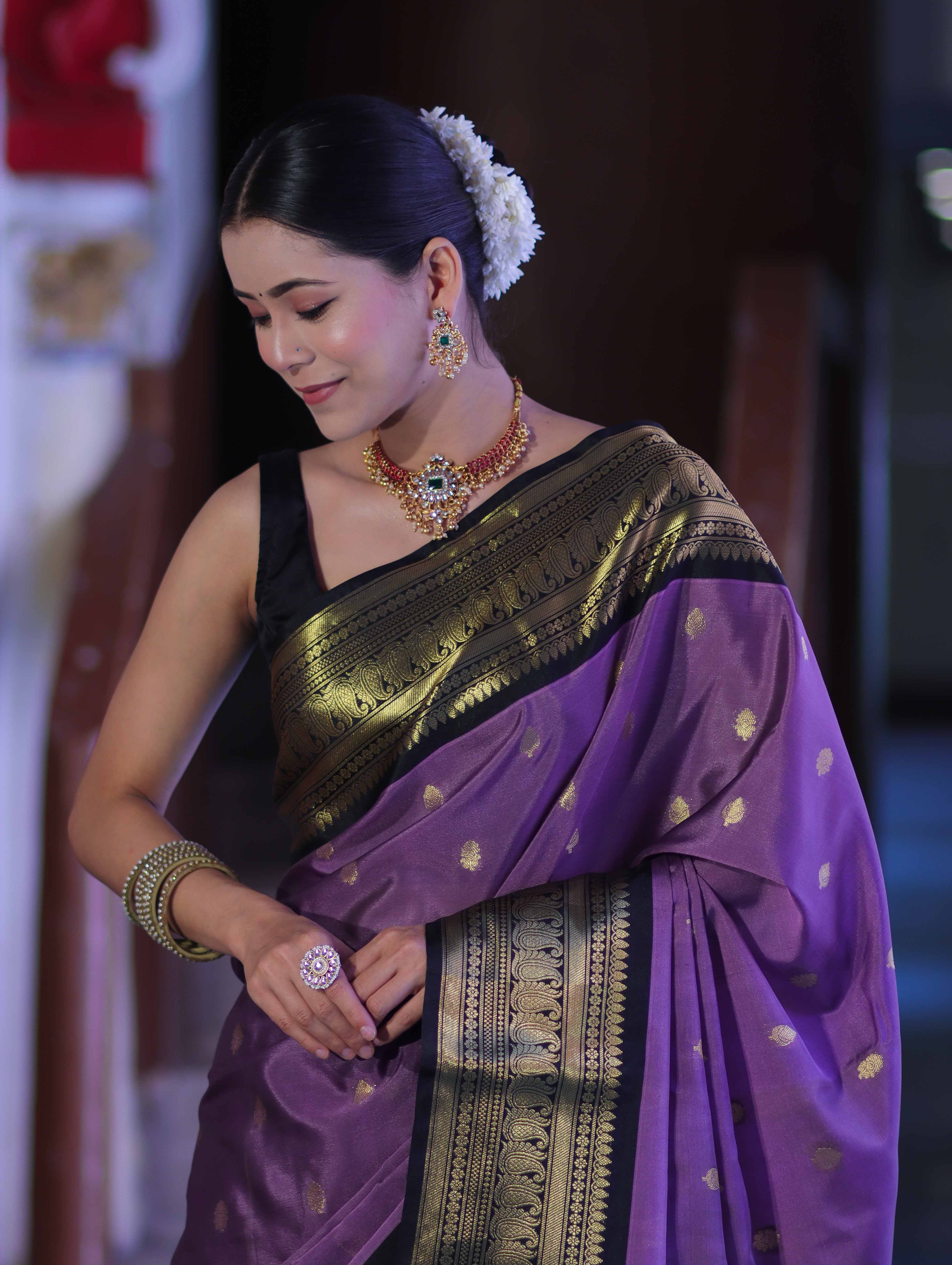 Banarasee Handloom Semi Silk Saree With Buti Design & Contrast Zari Border-Lavender & Black