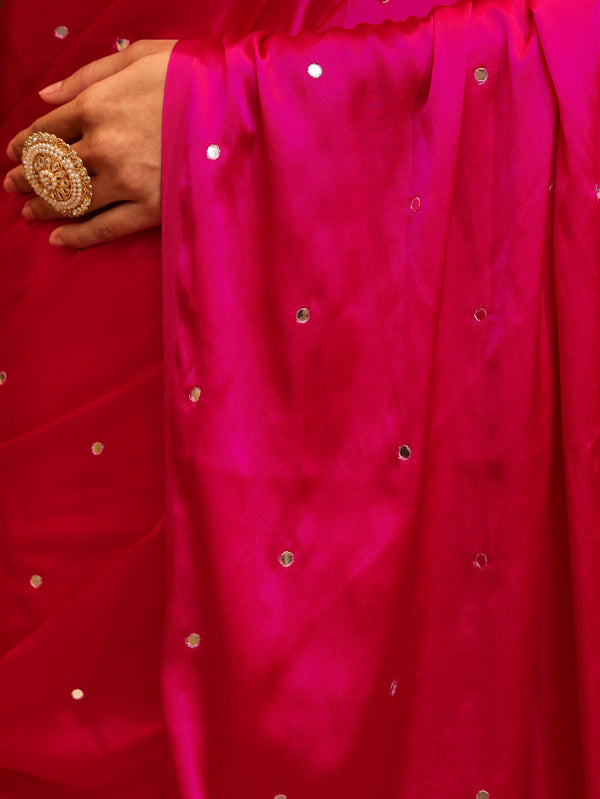 Banarasee Handloom Satin Hand Dyed Saree With Mirror Work-Pink(Dual Tone)