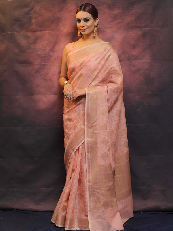 Banarasee Handwoven Pure Silk Cotton Saree With Antique Zari Buti & Border-Pink