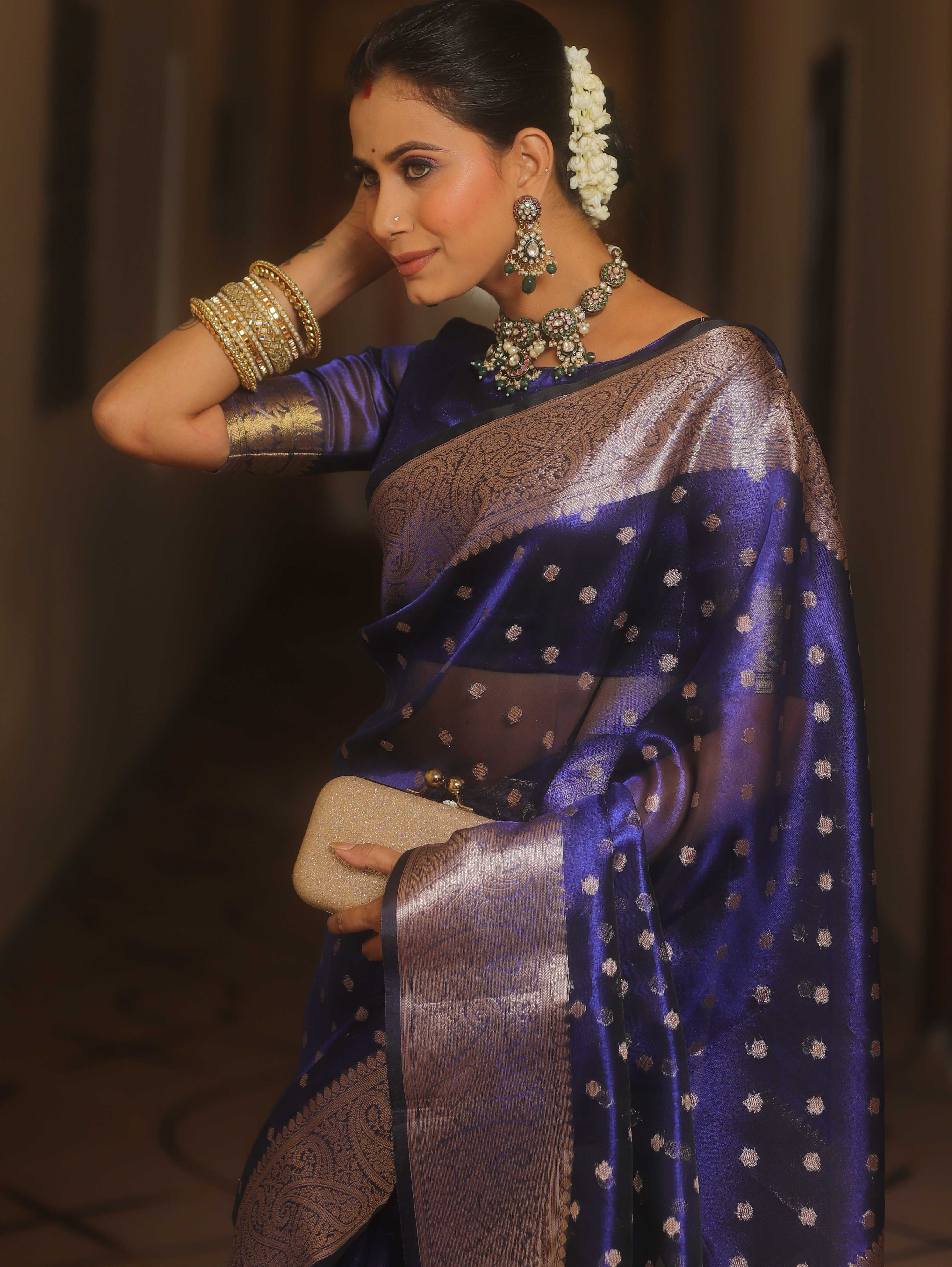 Banarasee Handwoven Tissue Saree Zari Border With Buti Design-Royal Blue