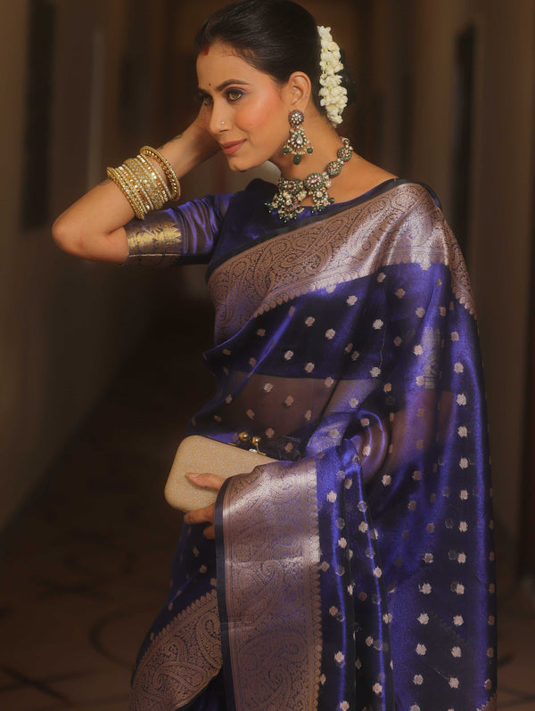 Banarasee Handwoven Tissue Saree Zari Border With Buti Design-Royal Blue