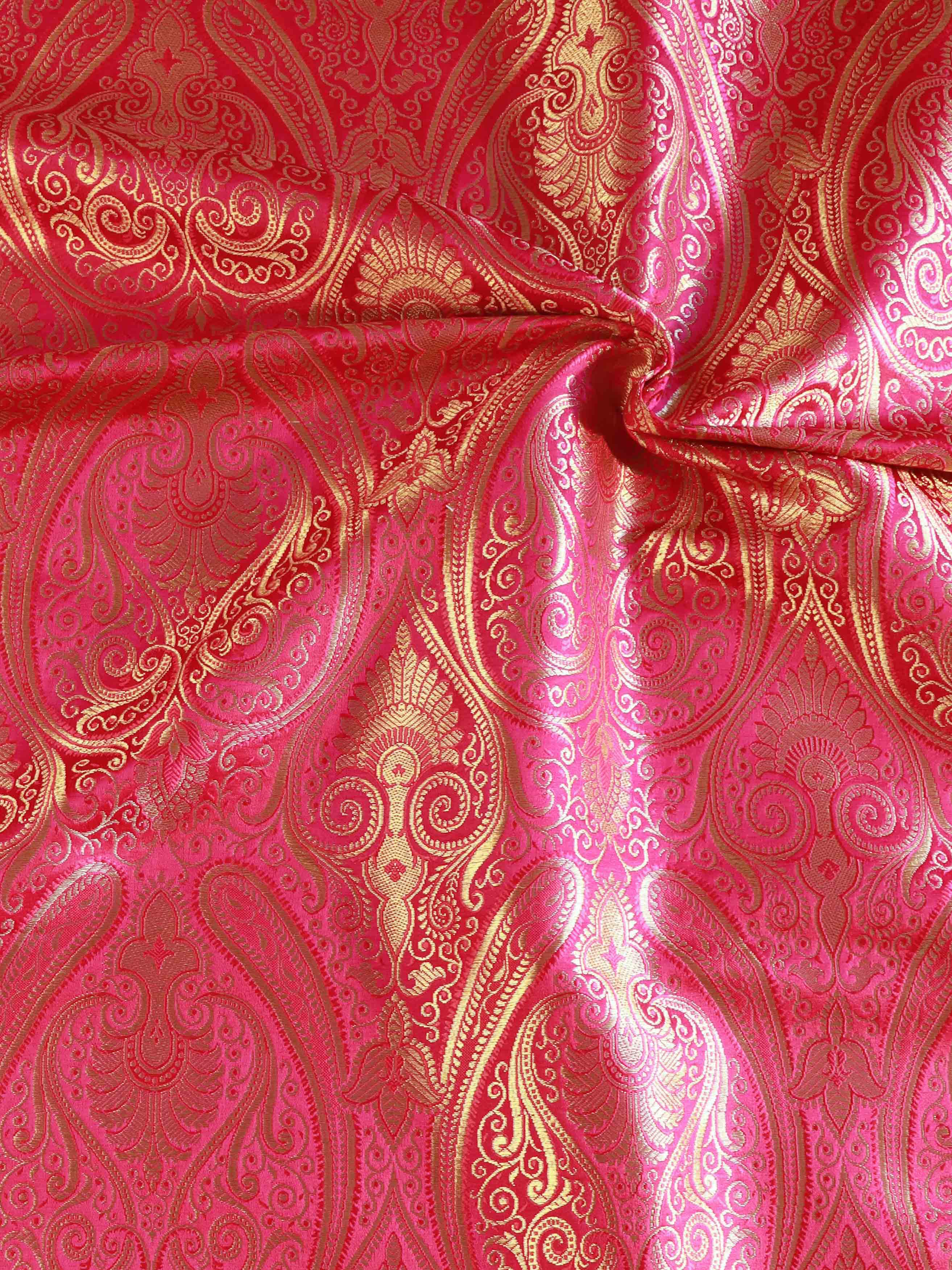 Banarasee Satin Brocade Gold Zari Jaal Design Fabric-Pink