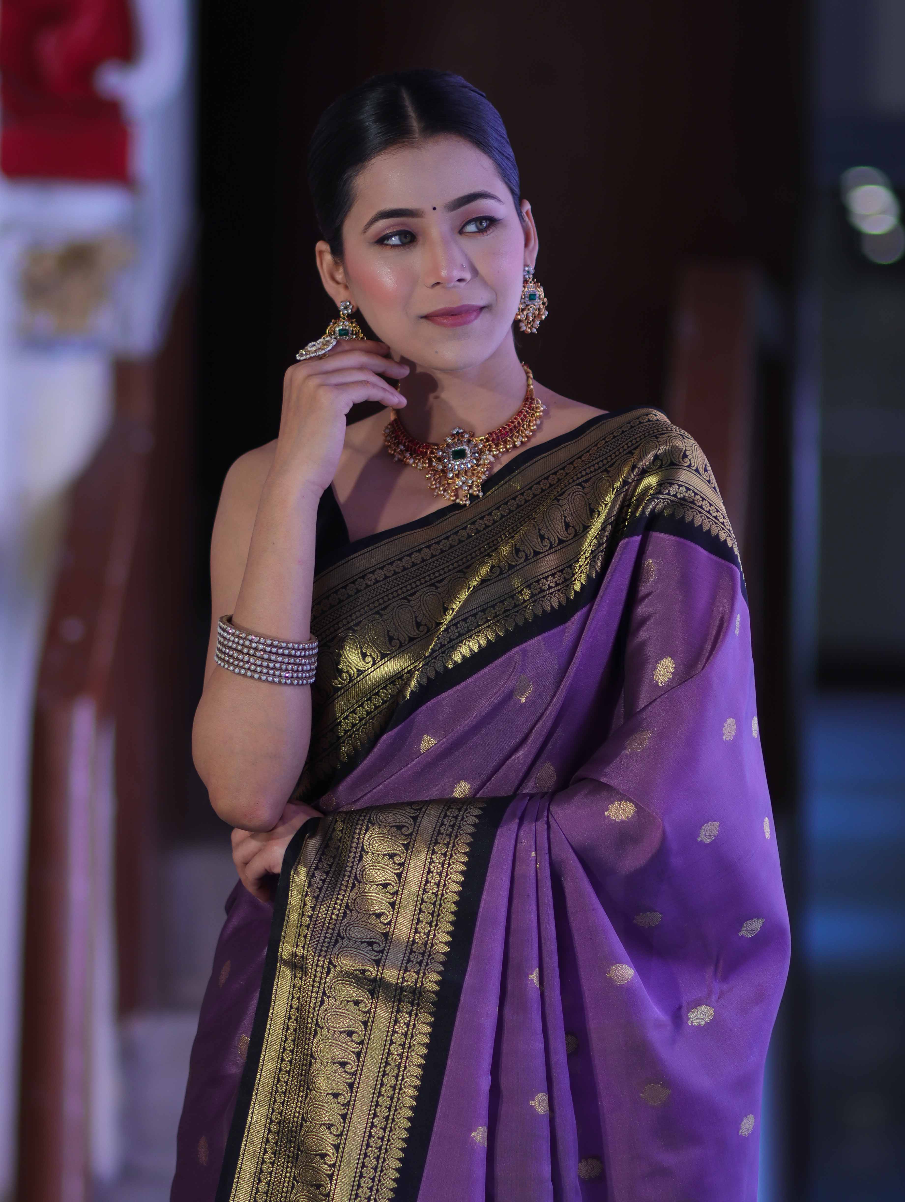 Banarasee Handloom Semi Silk Saree With Buti Design & Contrast Zari Border-Lavender & Black