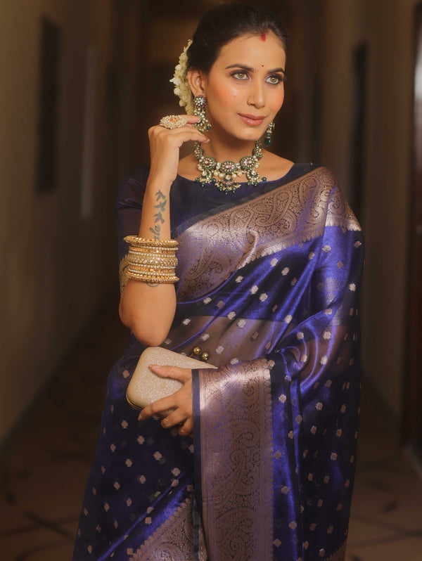 Banarasee Handwoven Tissue Saree Zari Border With Buti Design-Royal Blue