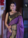 Banarasee Handloom Semi Silk Saree With Buti Design & Contrast Zari Border-Lavender & Black