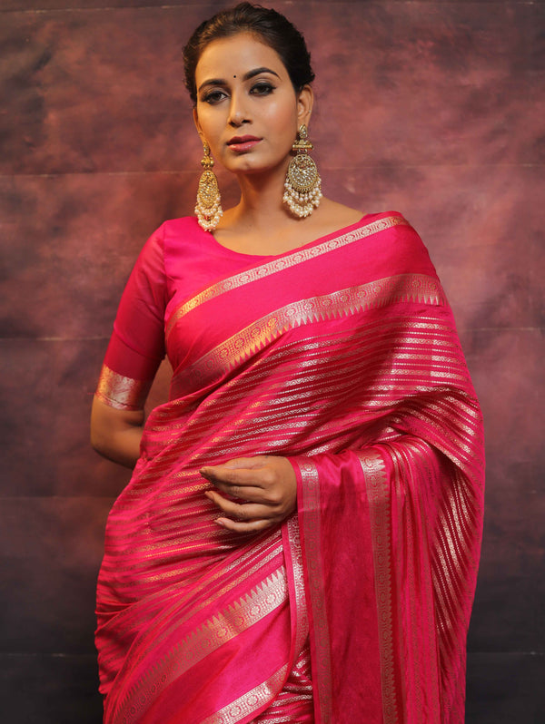 Banarasee Handwoven Semi Silk Saree With Stripes Design & Solid Border-Pink