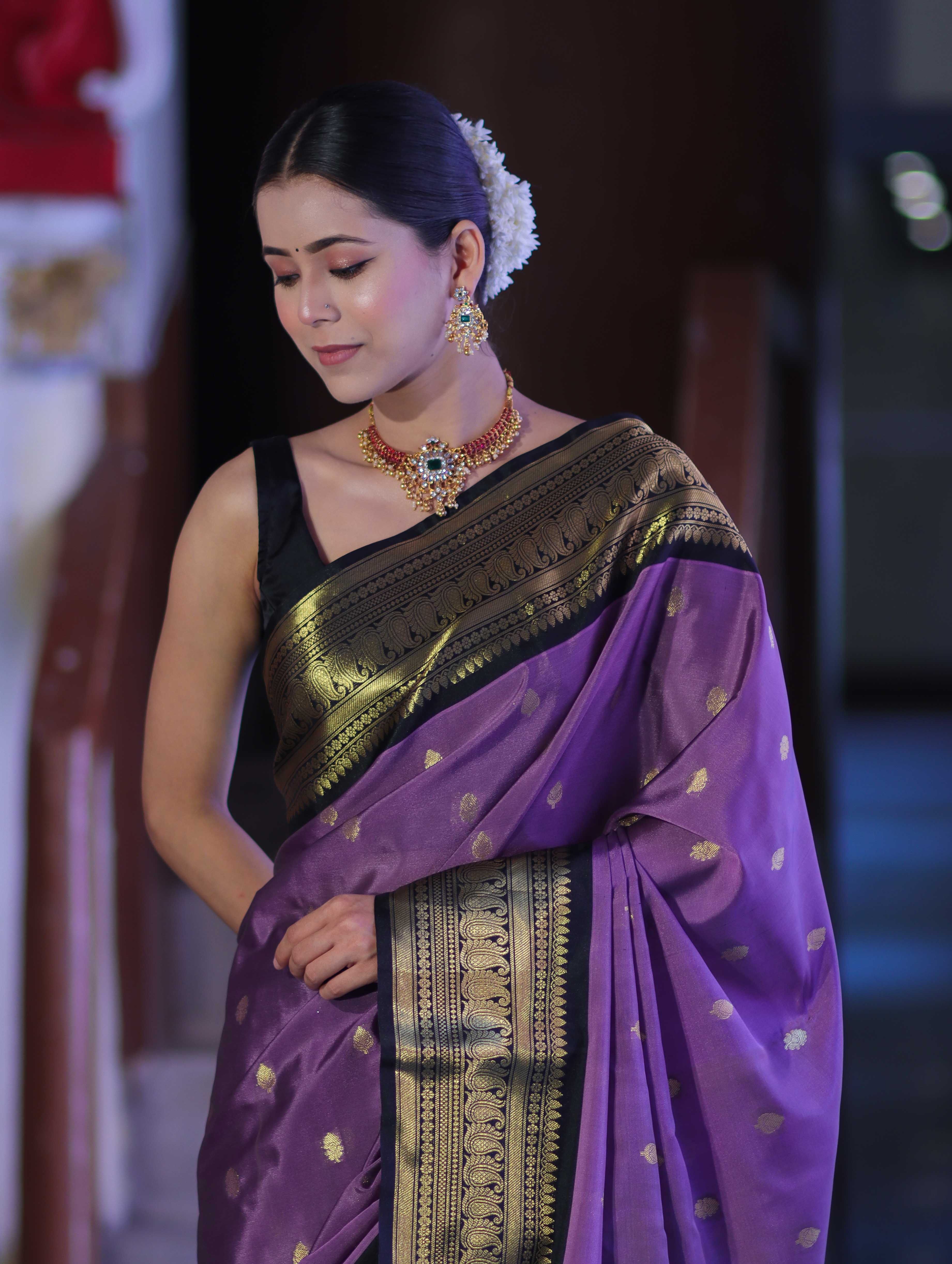Banarasee Handloom Semi Silk Saree With Buti Design & Contrast Zari Border-Lavender & Black