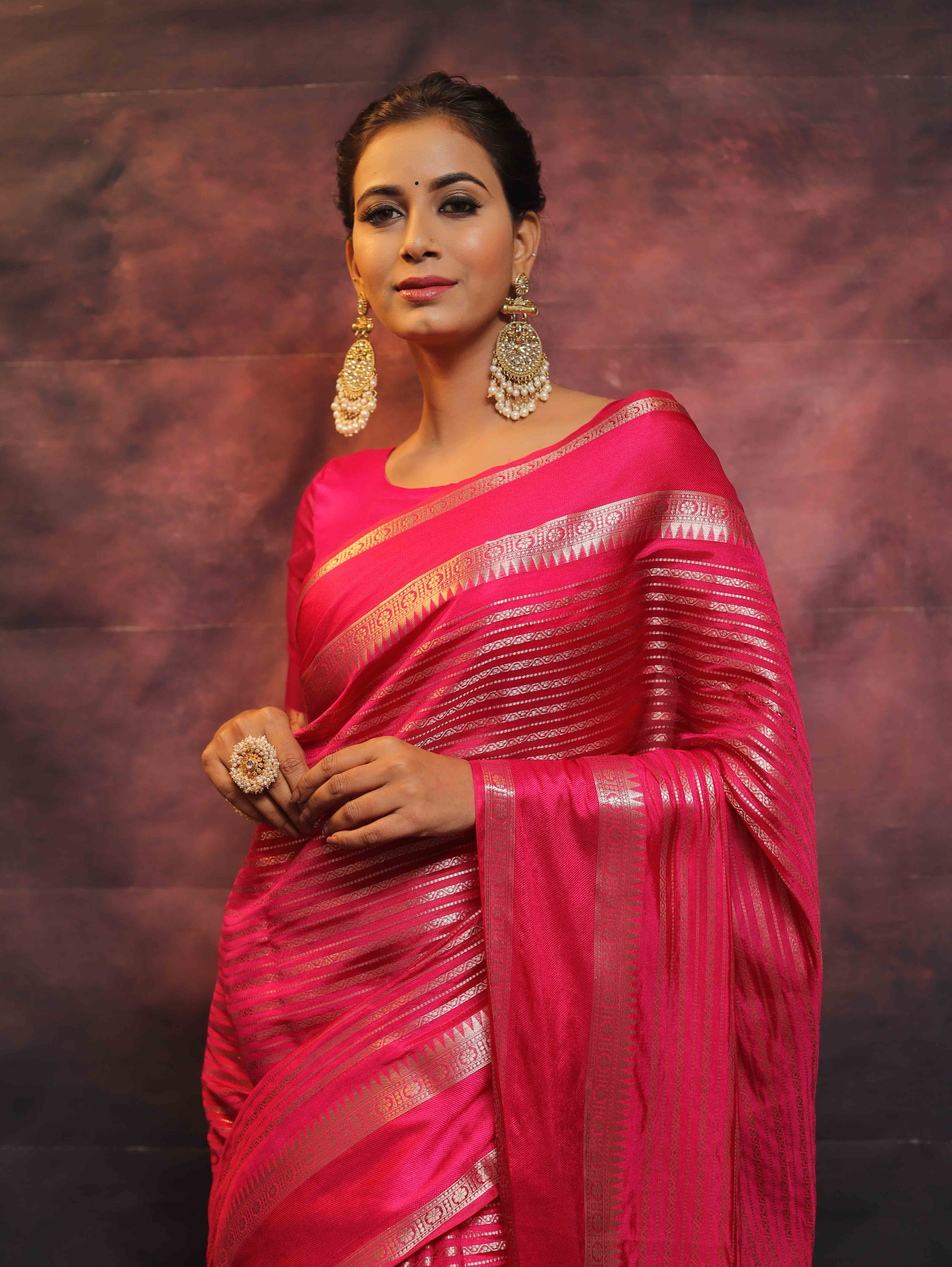 Banarasee Handwoven Semi Silk Saree With Stripes Design & Solid Border-Pink