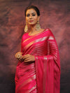 Banarasee Handwoven Semi Silk Saree With Stripes Design & Solid Border-Pink