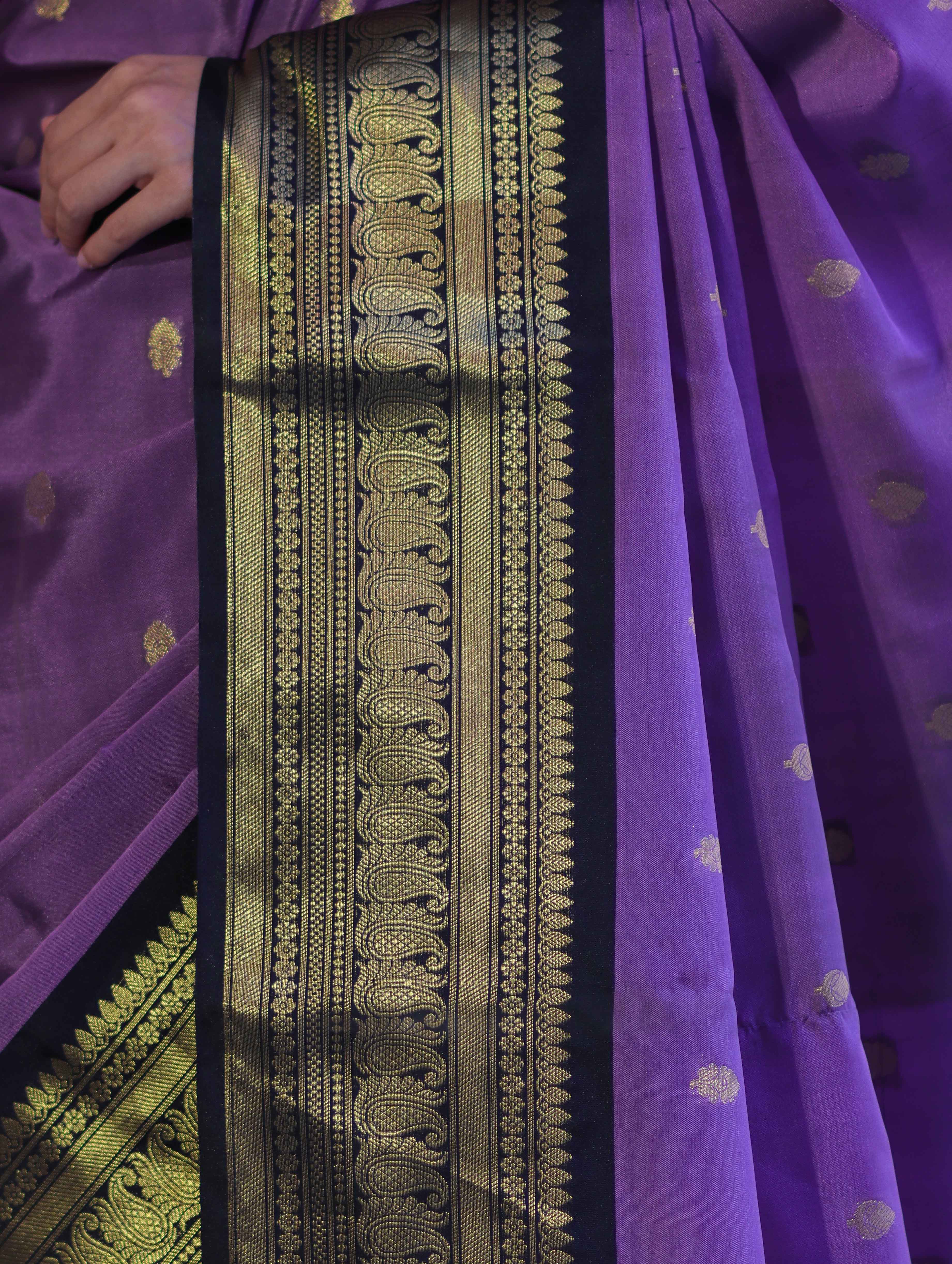Banarasee Handloom Semi Silk Saree With Buti Design & Contrast Zari Border-Lavender & Black
