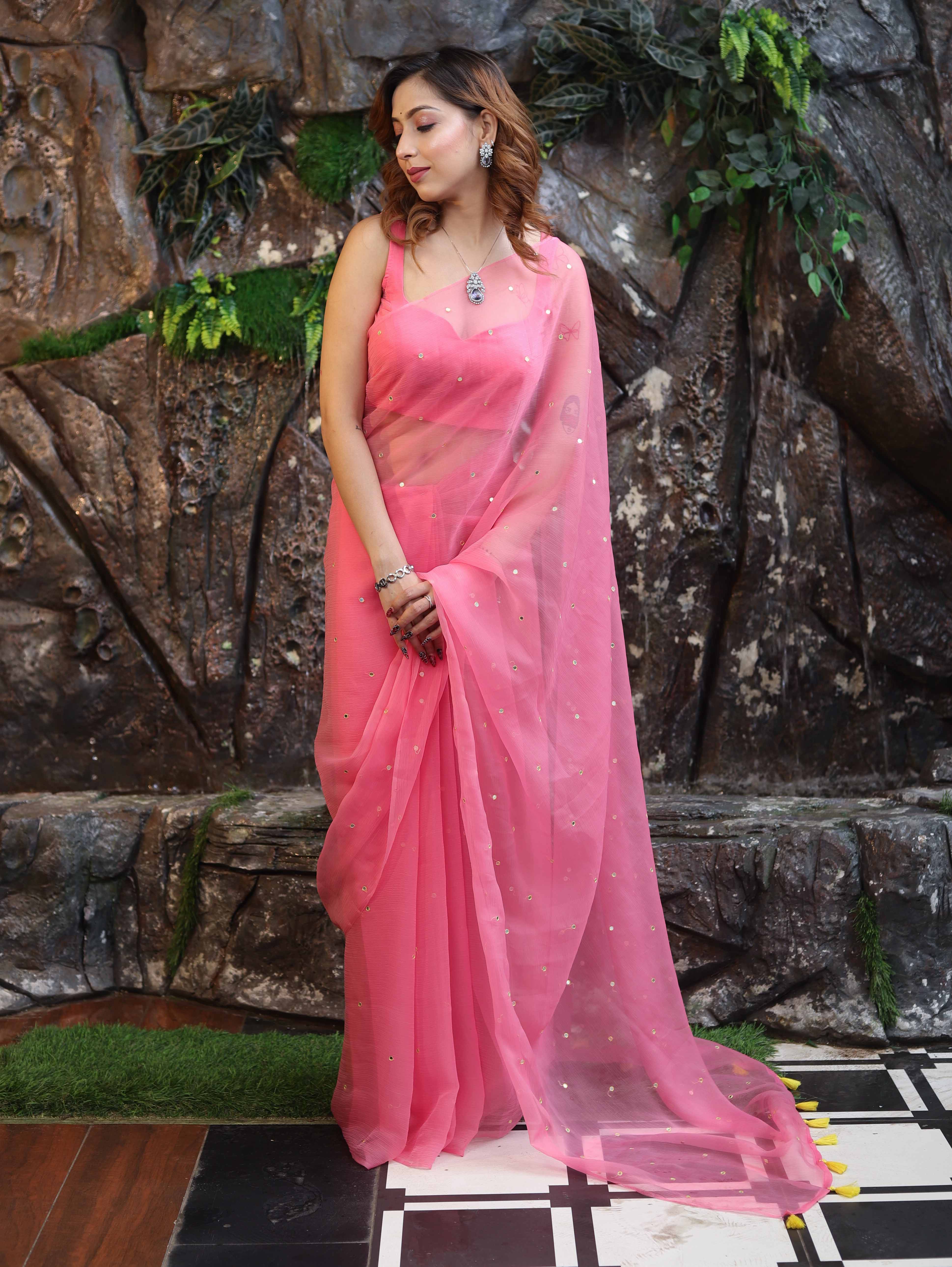 Banarasee Handwoven Semi Chiffon Saree With Mirror Work-Light Pink