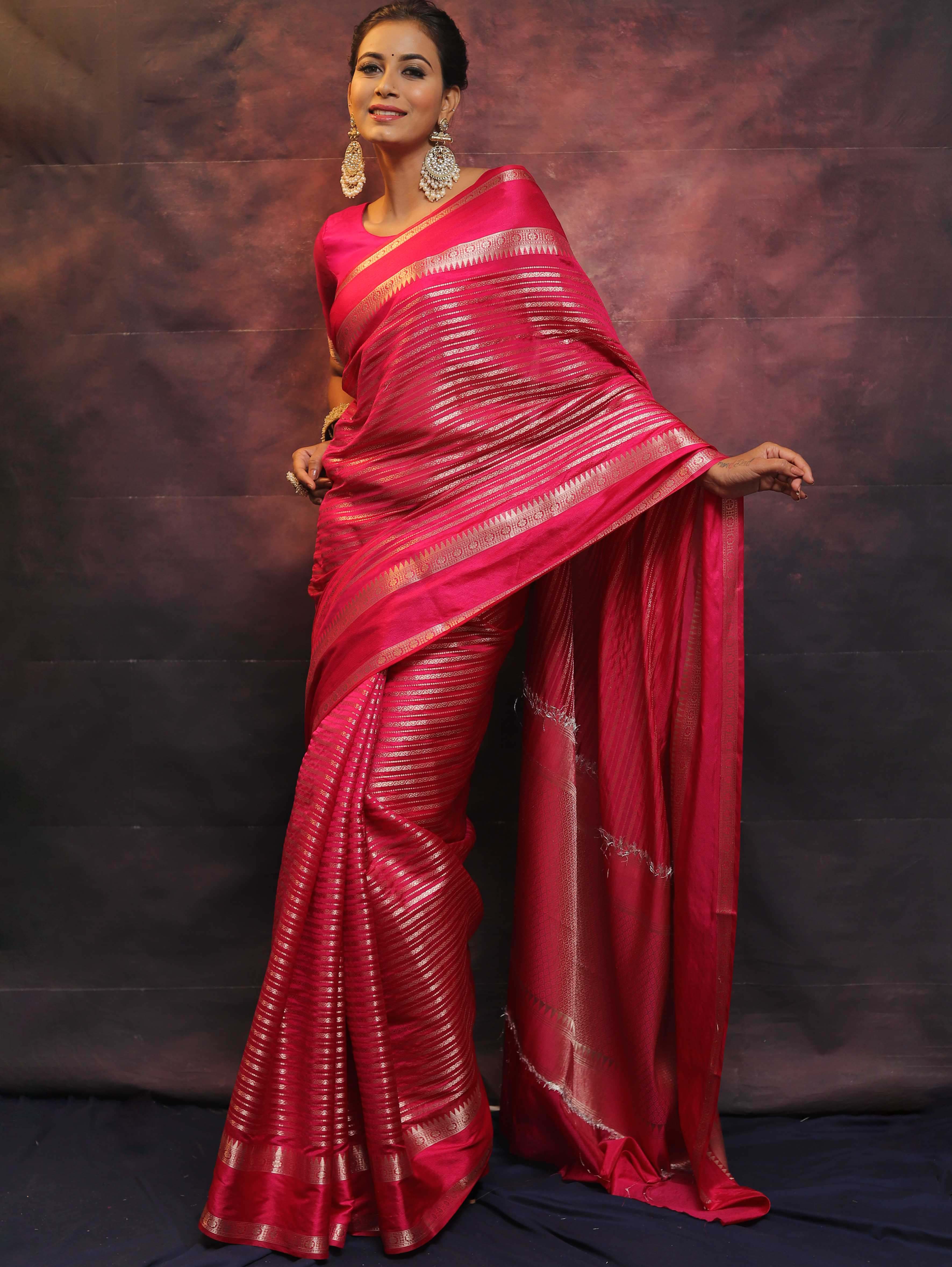 Banarasee Handwoven Semi Silk Saree With Stripes Design & Solid Border-Pink