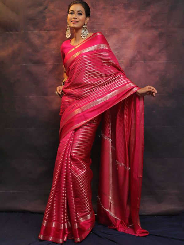 Banarasee Handwoven Semi Silk Saree With Stripes Design & Solid Border-Pink