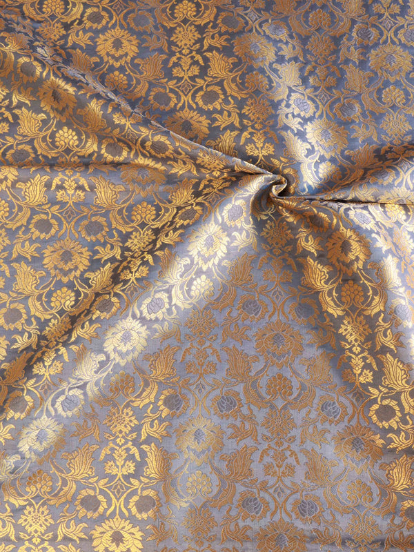 Banarasee Satin Brocade Gold Zari Jaal Design Fabric-Grey