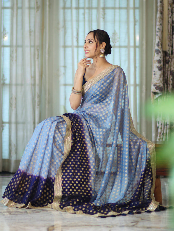 Banarasee Handwoven Dual Color Semi-Chiffon Saree With Zari Work & Lace Border-Blue
