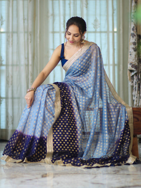 Banarasee Handwoven Dual Color Semi-Chiffon Saree With Zari Work & Lace Border-Blue